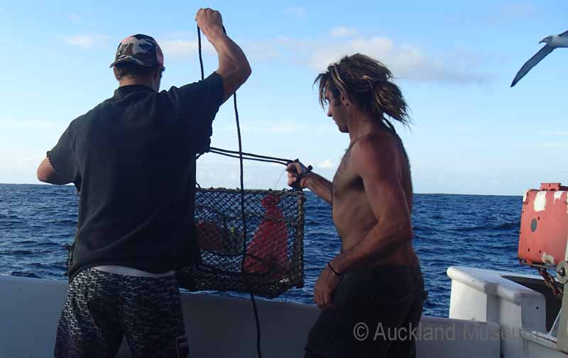 Crew members Dan and Karl about to drop the hagfish trap over the back of Braveheart